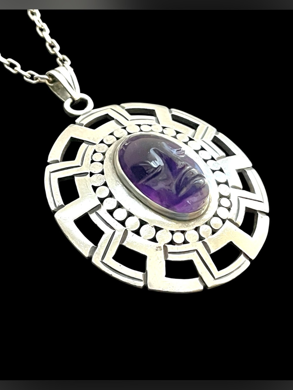 Vintage Los Ballesteros 48g Taxco Sterling Silver Carved Amethyst Mask Pendant